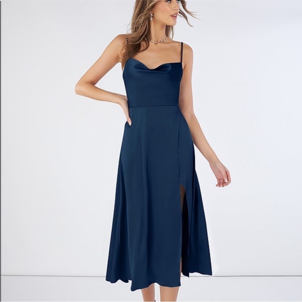 Azazie Elma Stretch Satin Midi Dress in Dark Navy